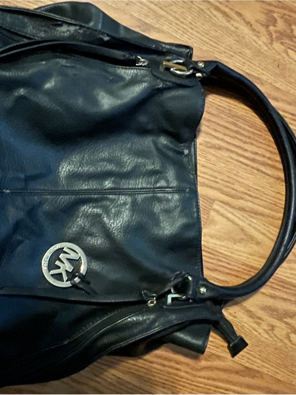 Michael Kors Black Leather Shoulder Bag with Silver MK Charm